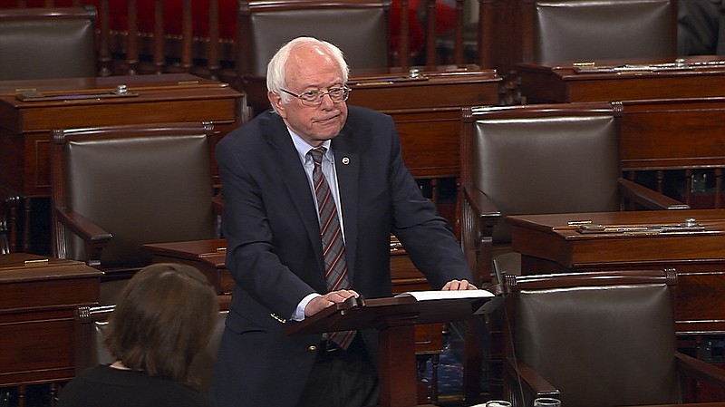 
              In this image from Senate Television video, Sen. Bernie Sanders, I-Vt., pauses as he speaks Wednesday, June 14, 2017, on the Senate floor at the Capitol in Washington, about the shooting at the Republican congressional baseball practice. Sanders says the man authorities identified as opening fire on the practice had apparently volunteered on his presidential campaign.  Sanders says in a statement: "I am sickened by this despicable act." (Senate Television via AP)
            