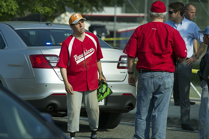 Rep. Chuck Fleischmann, R-Tenn. is seen near the scene of a shooting in Alexandria, Va., Wednesday, June 14, 2017, where House Majority Whip Steve Scalise of La. was shot during a Congressional baseball practice. (AP Photo/Cliff Owen)