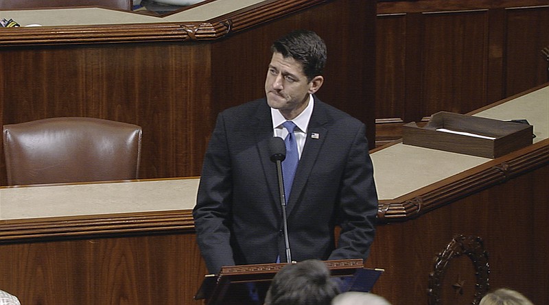 
              In this image from House Television video, House Speaker Paul Ryan of Wis., pauses as he speaks Wednesday, June 14, 2017, on the House floor at the Capitol in Washington, about the shooting at the congressional baseball practice. Ryan said, "We are united in our anguish. An attack on one of us is an attack on all of us."(House Television via AP)
            