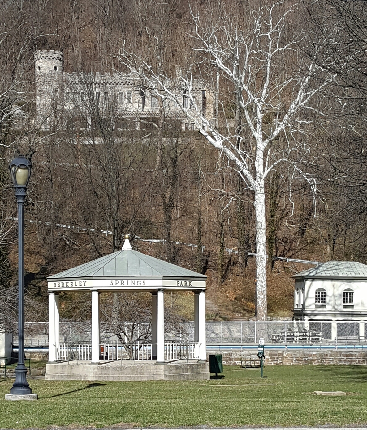 The state park in central Berkeley Springs, W.Va., contains flowing warm springs as well as George Washington's rock-carved bathtub.