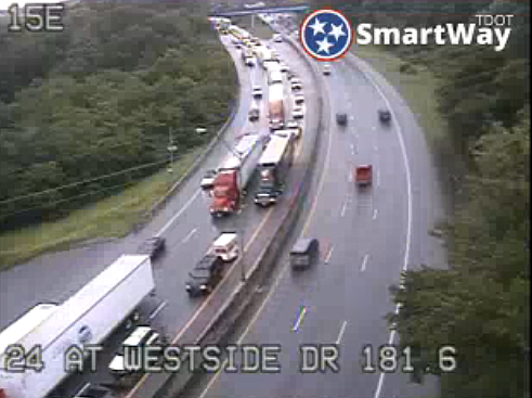A screen grab from a TDOT SmartWay camera shows traffic backed up on I-24 at Westside Drive. 