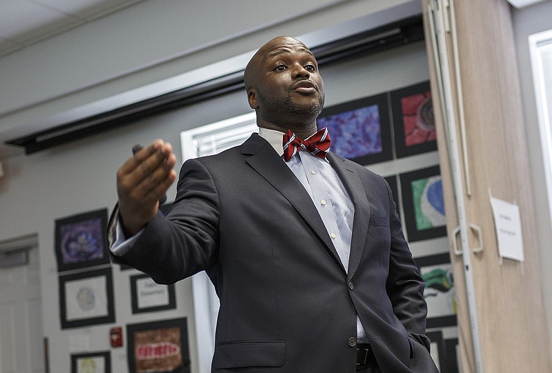 Staff file photo by Doug Strickland / Bryan Johnson speaks to the public June 8 during a meet-and-greet in the Board of Education meeting room. In a 5-4 vote, Johnson was chosen Thursday night as the next Hamilton County Schools superintendent.