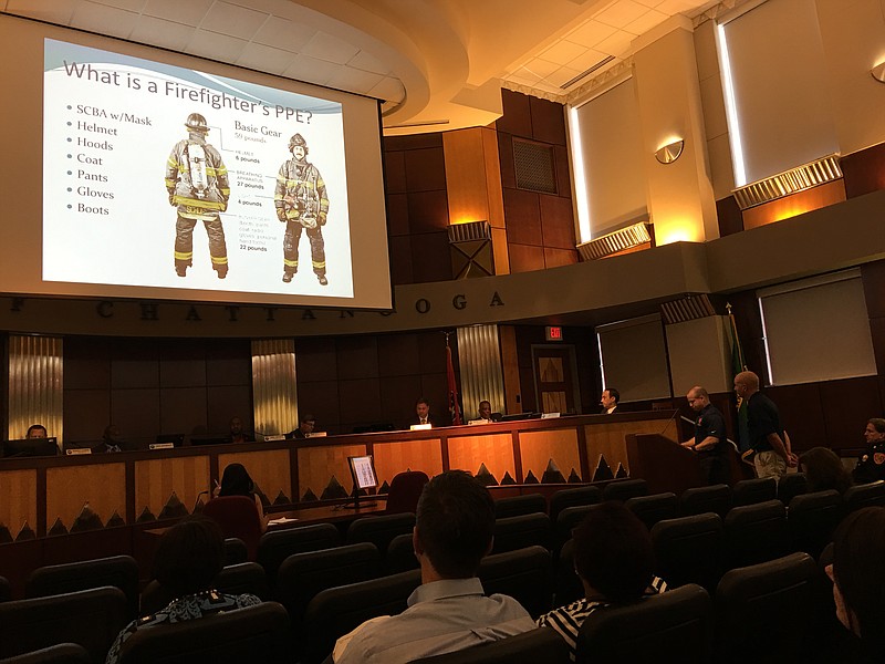 Jack Thompson, president of the Chattanooga Fire Fighters Association, Local 820, and Battalion Chief Rick Boatwright, a burn coordinator for the 14th district with the International Association of Fire Fighters, speak to the Chattanooga City Council about cancer risks facing firefighters.
