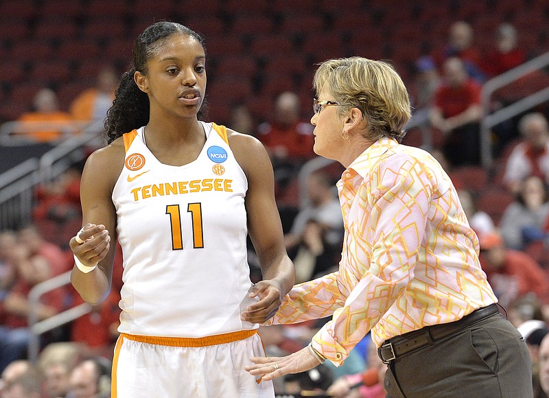 Tennessee's head coach Holly Warlick talks to Diamond DeShields (11) during the second half of a first-round game against Dayton in the women's NCAA college basketball tournament, Saturday, Mar. 18, 2017, in Louisville, Ky. Tennessee won 66-57. (AP Photo/Timothy D. Easley)