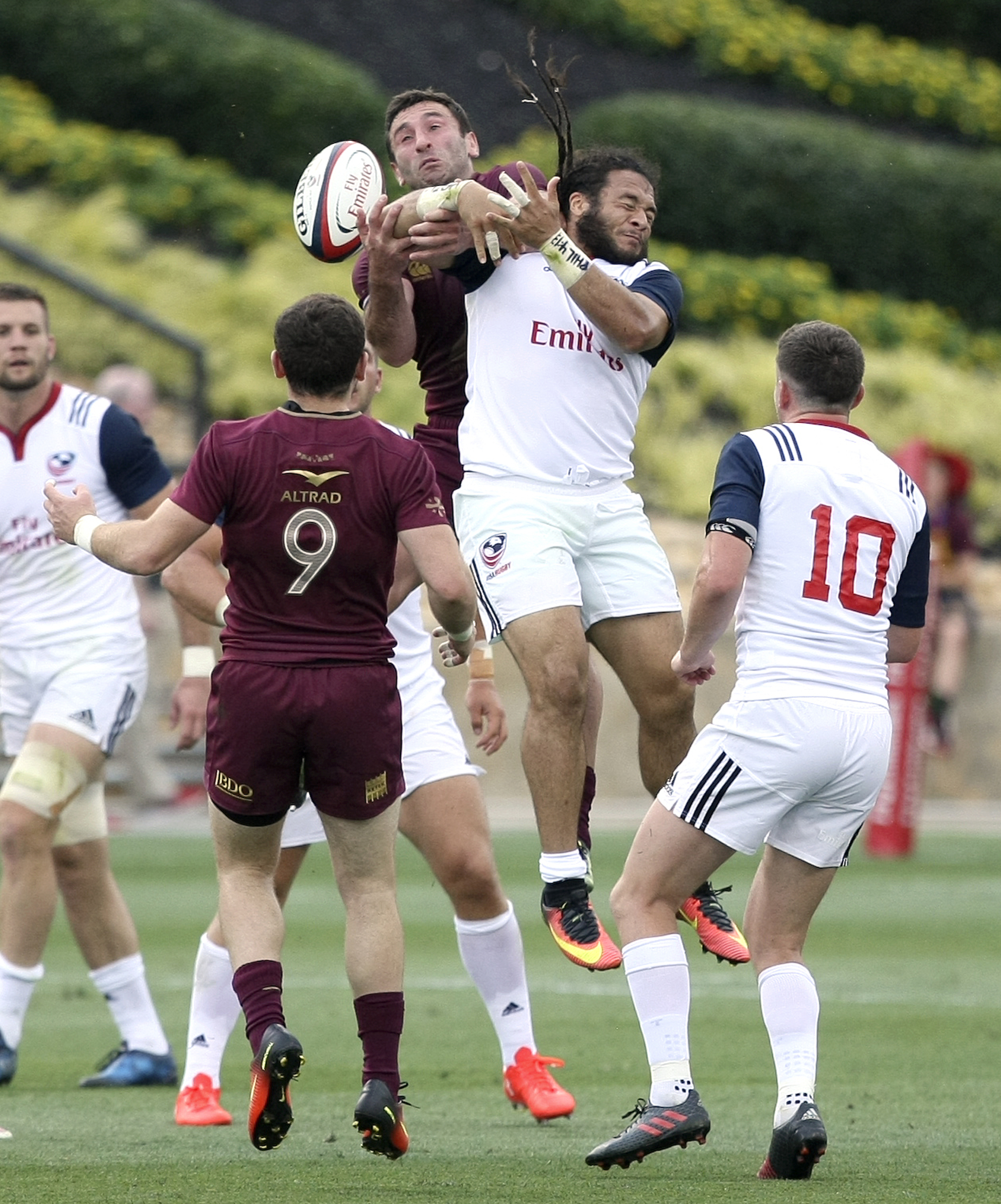 Georgia's Sandro Todua and USA's Mike Te'o compete for the ball during an international rugby test match at Kennesaw State University's Fifth Third Bank Stadium on Saturday, June 17, in Kennesaw, Ga.