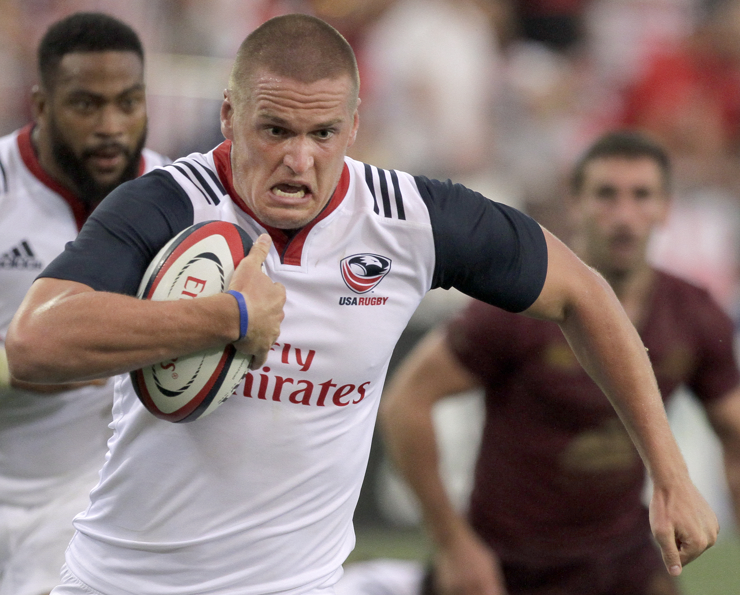 USA's Matthew Jensen (19) eyes the try line during an international rugby test match against Georgia at Kennesaw State University's Fifth Third Bank Stadium on Saturday, June 17, in Kennesaw, Ga.
