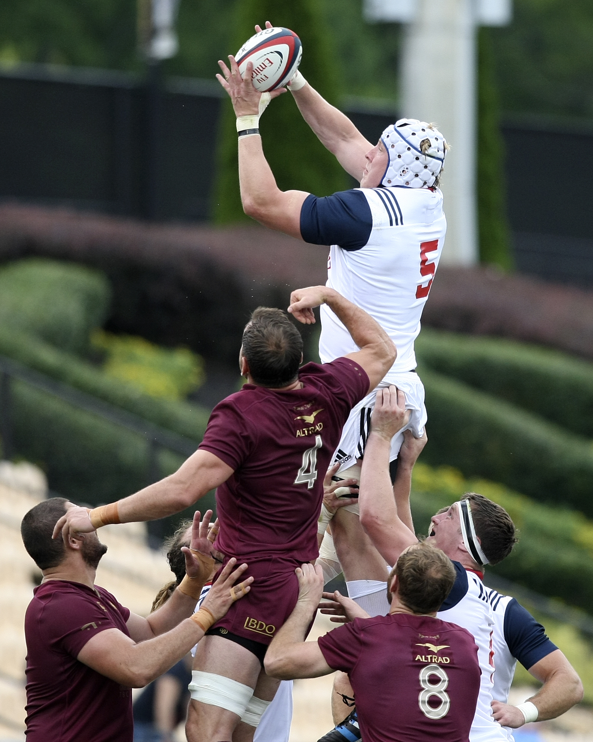 USA's Ben Landry (5) wins a lineout ball against Georgia's Giorgi Nemsadze (4) during an international rugby test match at Kennesaw State University's Fifth Third Bank Stadium on Saturday, June 17, in Kennesaw, Ga.