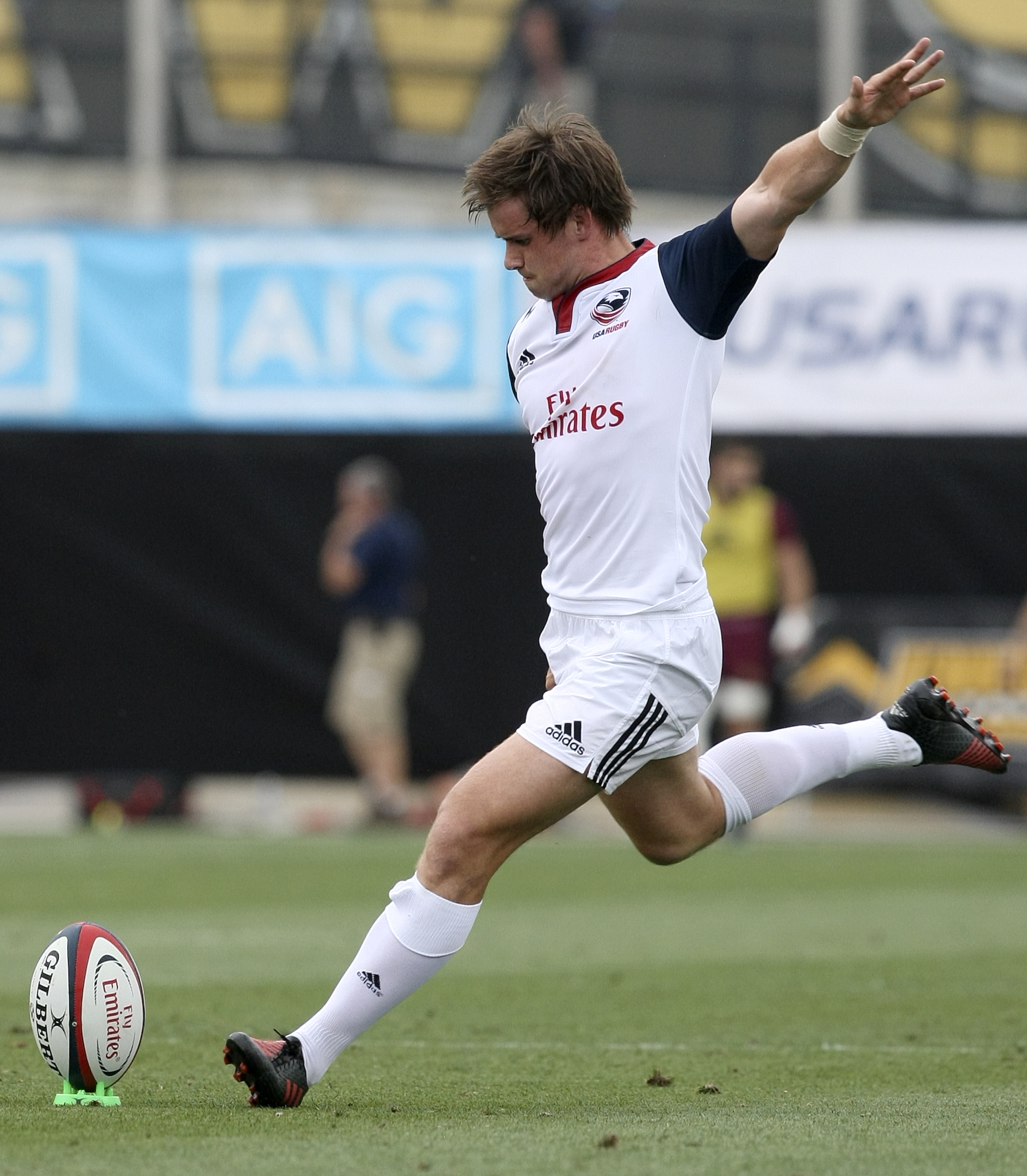 USA's AJ MacGinty slots a penalty goal against Georgia during an international rugby test match at Kennesaw State University's Fifth Third Bank Stadium on Saturday, June 17, in Kennesaw, Ga.