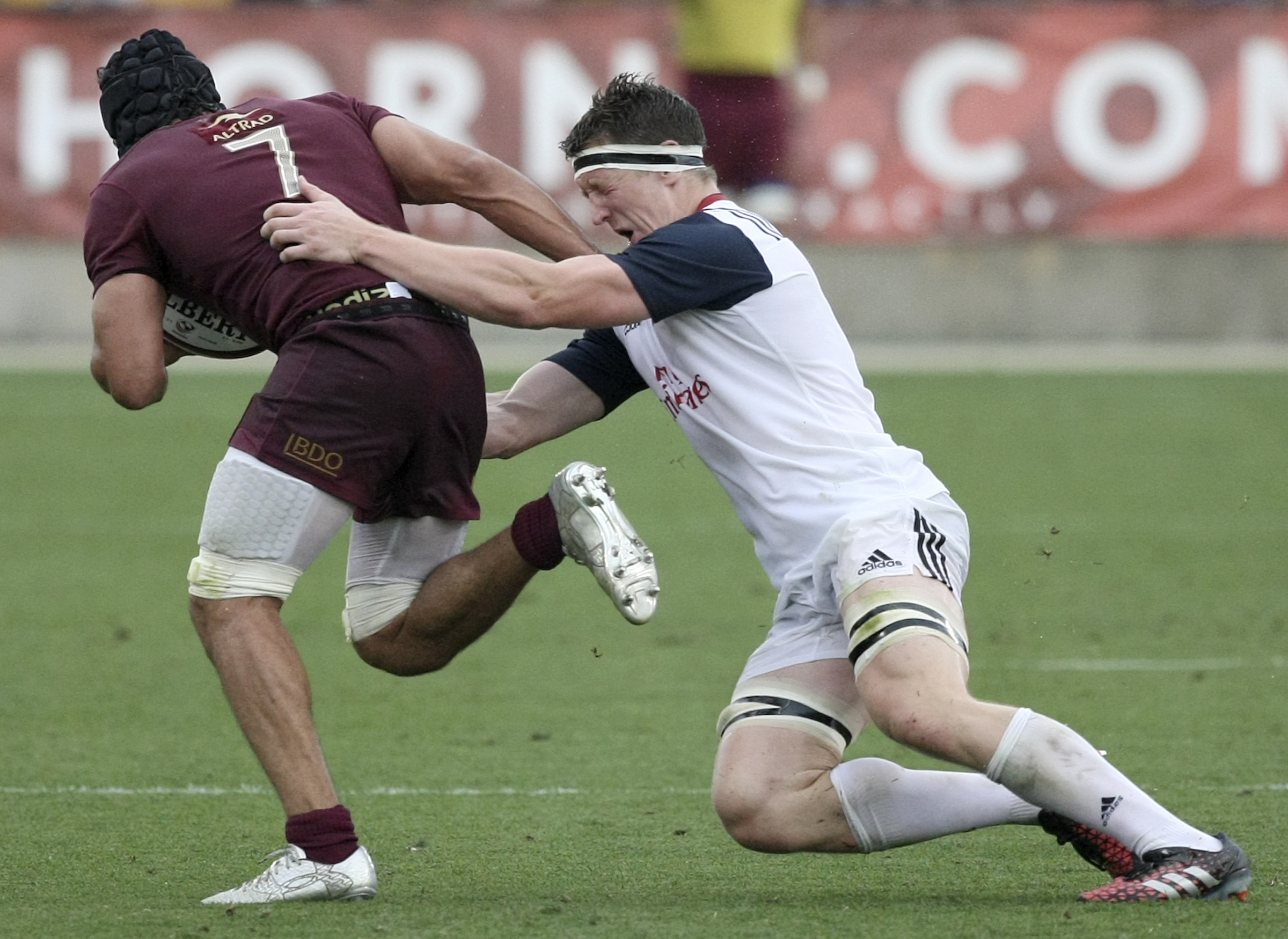 USA's Nate Brakeley tries to bring down Georgia's Vito Kolelishvili (7) during an international rugby test match at Kennesaw State University's Fifth Third Bank Stadium on Saturday, June 17, in Kennesaw, Ga.