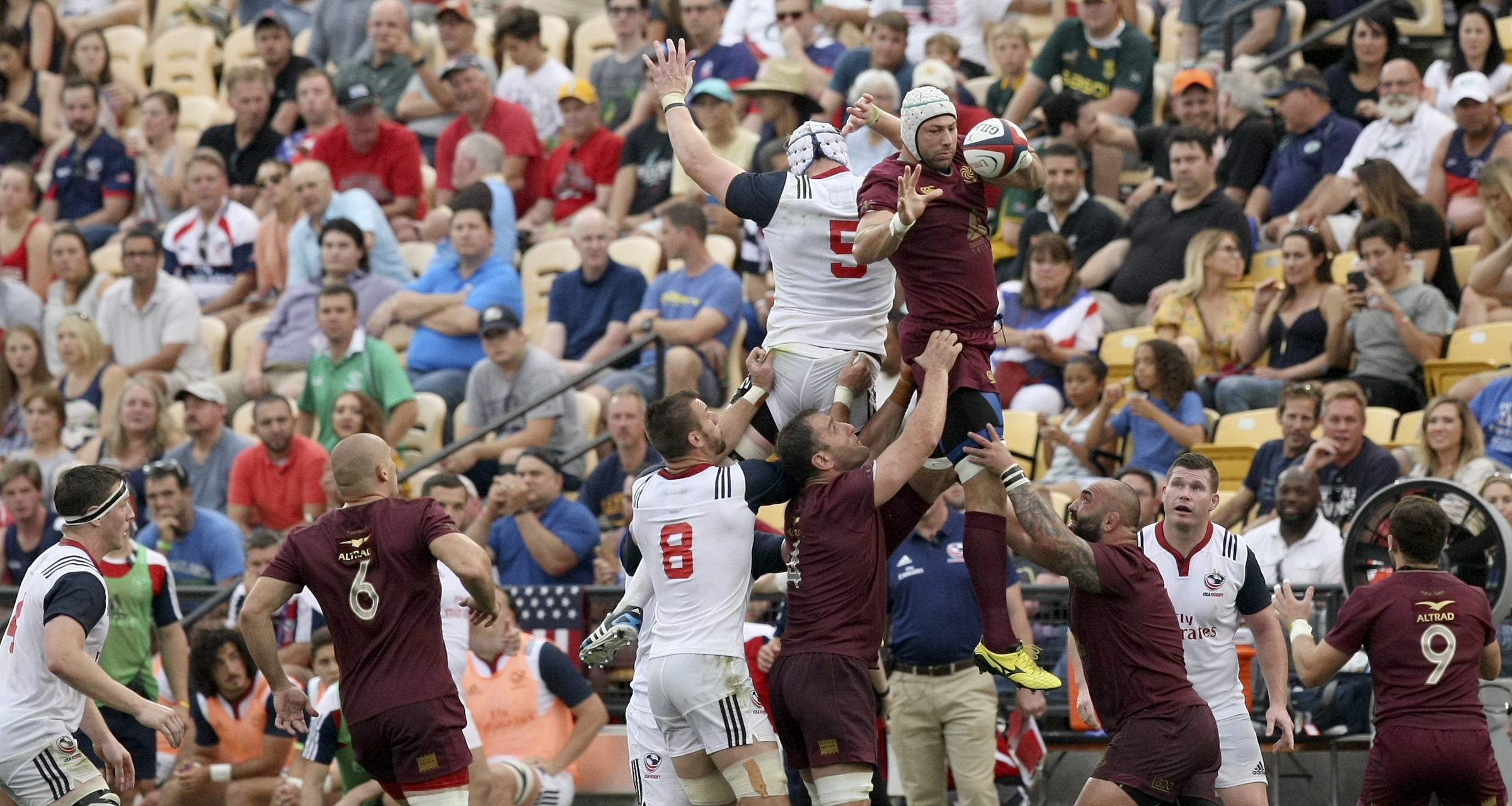 Georgia's Giorgi Chkhaidze (19) wins a lineout against USA's Ben Landry (5) during an international rugby test match at Kennesaw State University's Fifth Third Bank Stadium on Saturday, June 17, in Kennesaw, Ga.