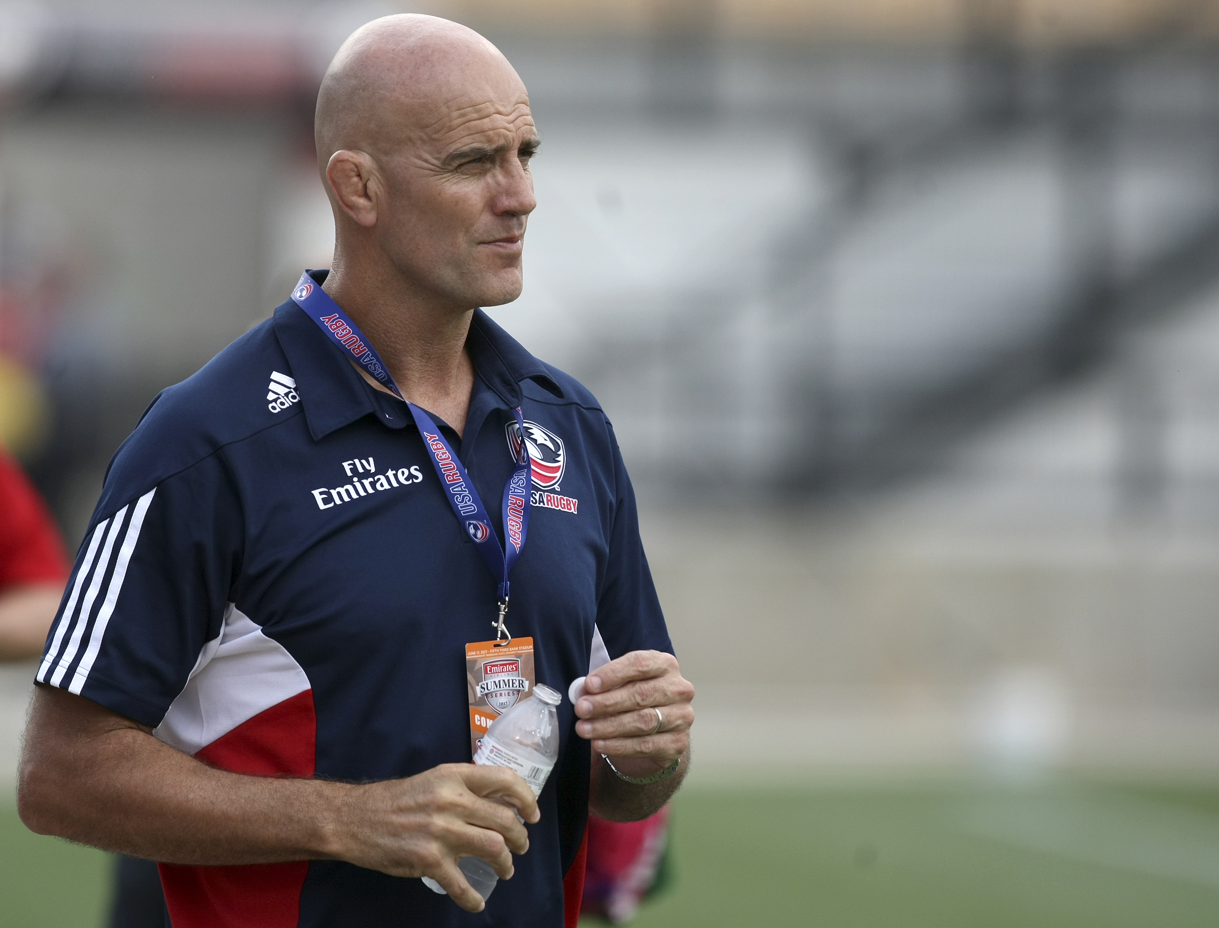 USA head coach John Mitchell looks on during warmups before an international rugby test match against Georgia at Kennesaw State University's Fifth Third Bank Stadium on Saturday, June 17, in Kennesaw, Ga.
