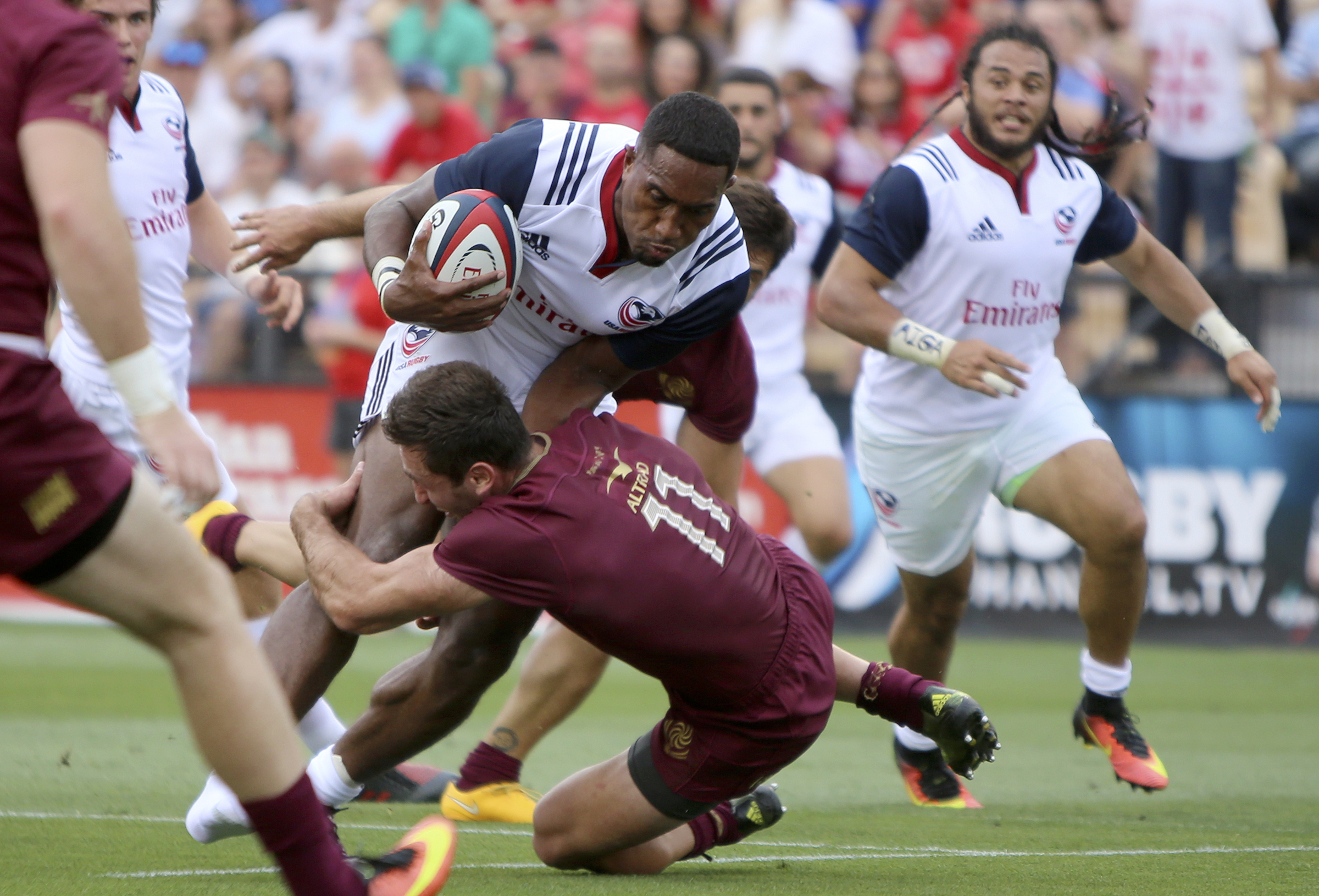 USA's Matai Leuta is tackled by Georgia's Sandro Todua (11) during an international rugby test match at Kennesaw State University's Fifth Third Bank Stadium on Saturday, June 17, in Kennesaw, Ga.