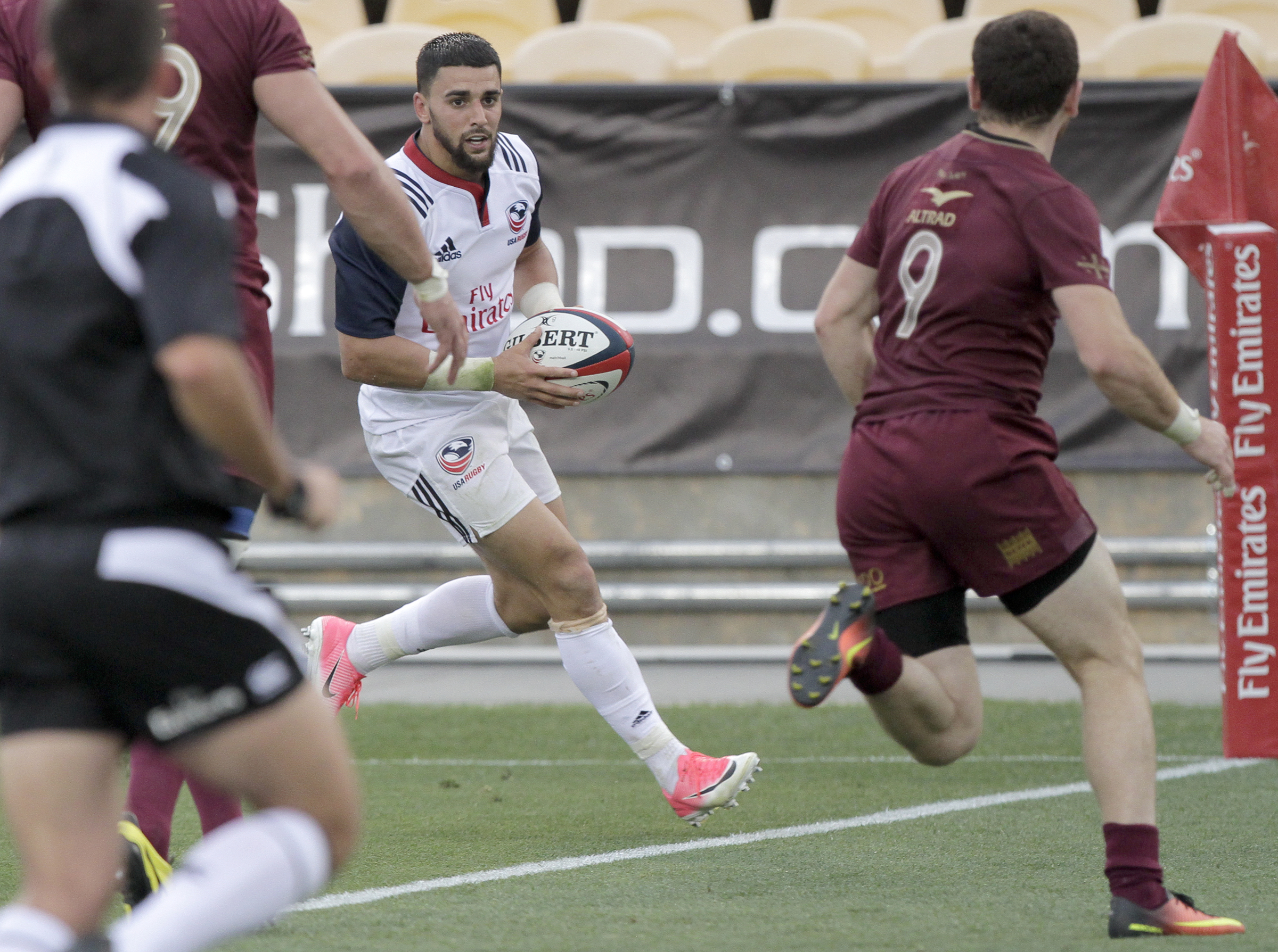USA's Nate Augspurger runs into the corner before dotting down for a try against Georgia during an international rugby test match at Kennesaw State University's Fifth Third Bank Stadium on Saturday, June 17, in Kennesaw, Ga.