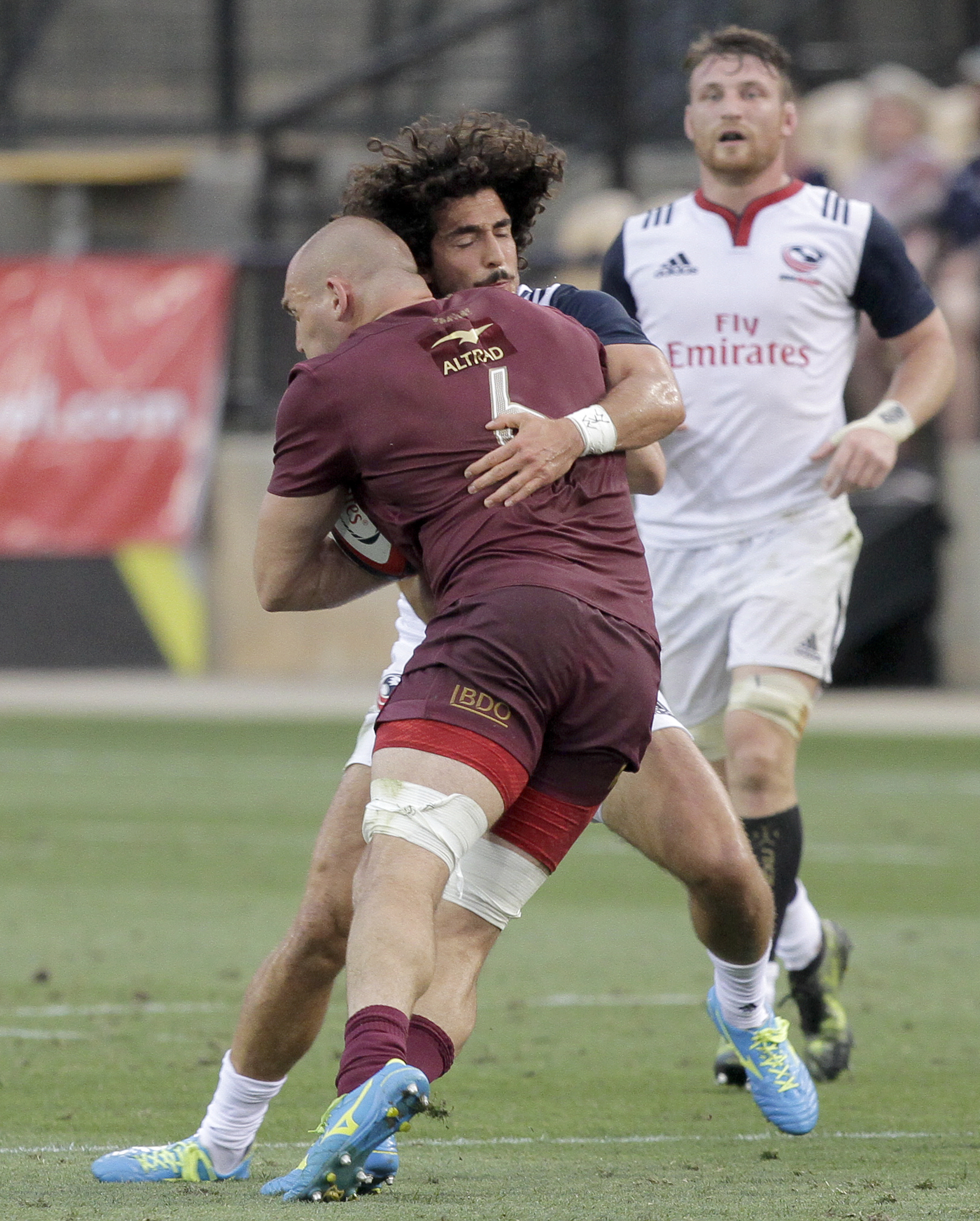 USA's Ryan Matyas hits Georgia's Lasha Lomidze (6) during an international rugby test match at Kennesaw State University's Fifth Third Bank Stadium on Saturday, June 17, in Kennesaw, Ga.