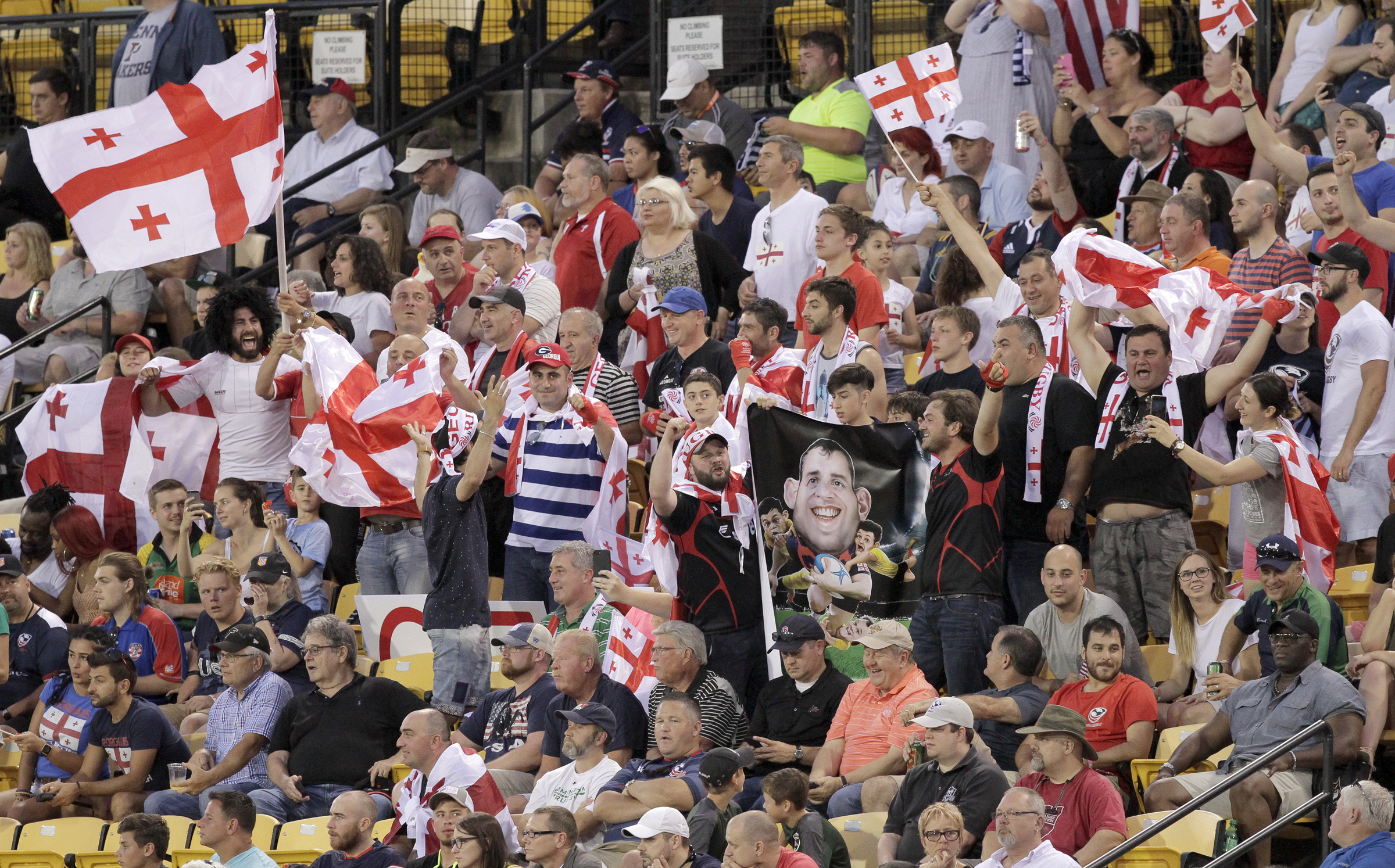 Georgia fans cheer during an international rugby test match against USA at Kennesaw State University's Fifth Third Bank Stadium on Saturday, June 17, in Kennesaw, Ga.