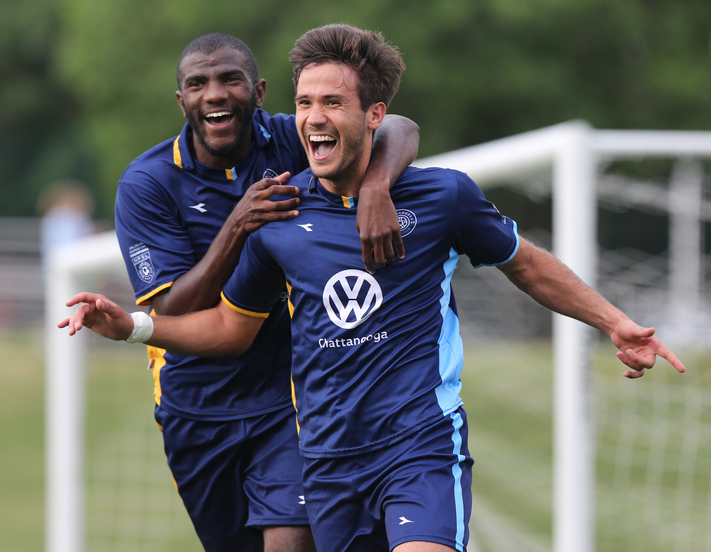 Chattanooga Football Club's Felipe Antonio (89) and Jose Francisco Ferraz (9) celebrate Ferraz's goal against the Birmingham Hammers Tuesday, June 20, 2017, at Finley Stadium in Chattanooga, Tenn. Both Antonio and Ferraz scored during their win Tuesday night.