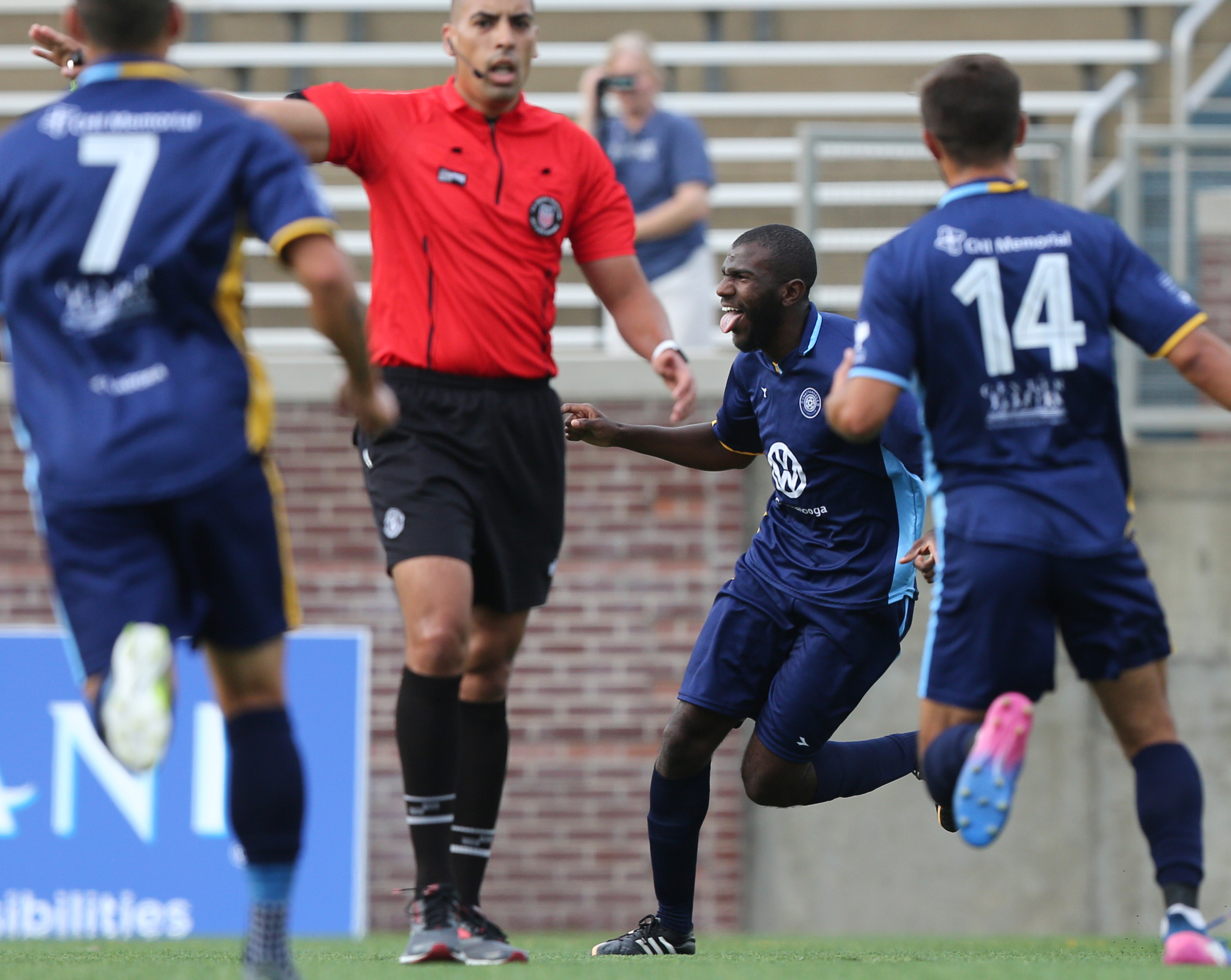 Chattanooga Football Club's Felipe Antonio (89) celebrates after scoring against the Birmingham Hammers Tuesday, June 20, 2017, at Finley Stadium in Chattanooga, Tenn. CFC won 5-0.