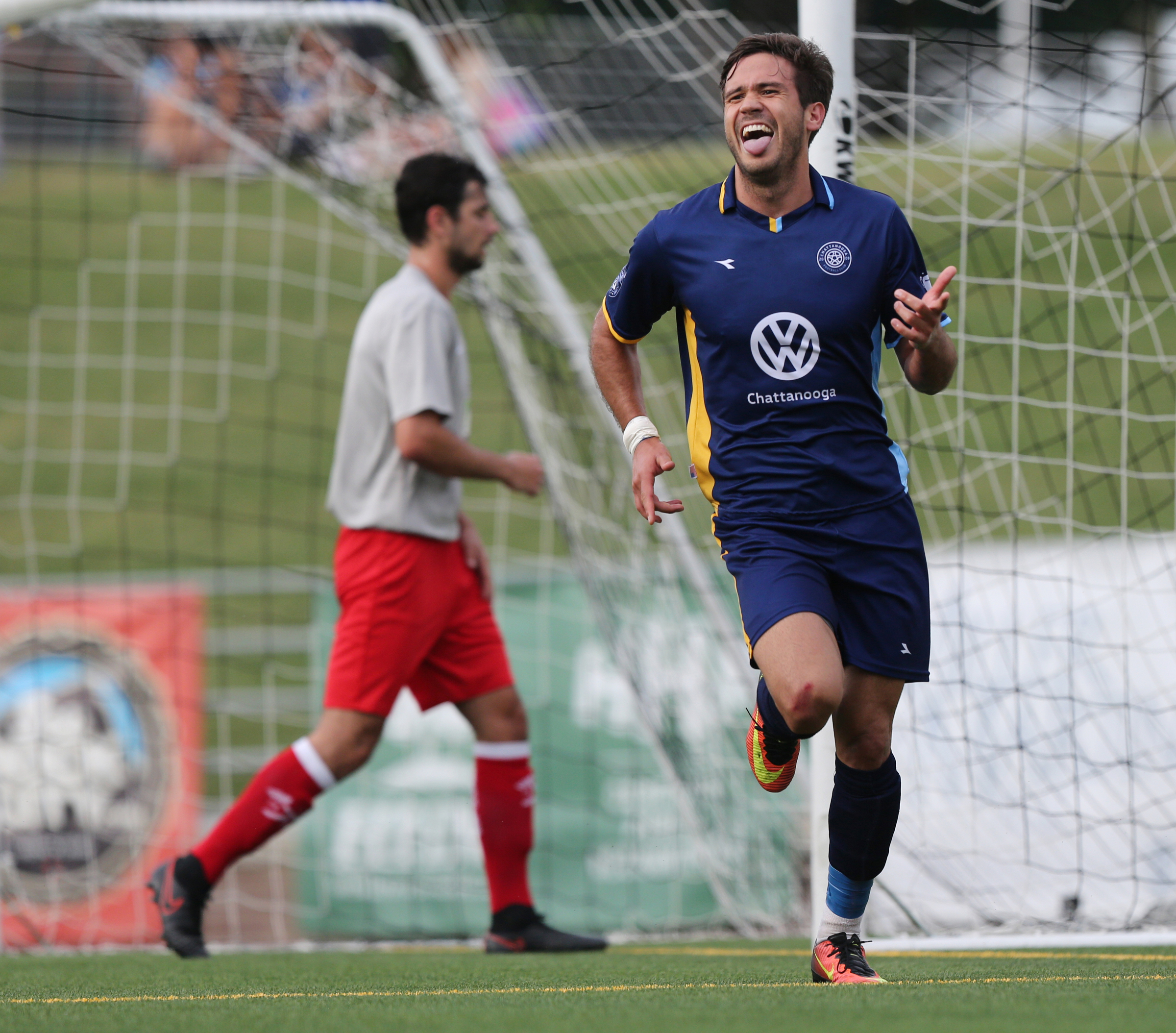 Chattanooga Football Club's Jose Francisco Ferraz (9) celebrates scoring a goal against the Birmingham Hammers Tuesday, June 20, 2017, at Finley Stadium in Chattanooga, Tenn. CFC won 5-0.