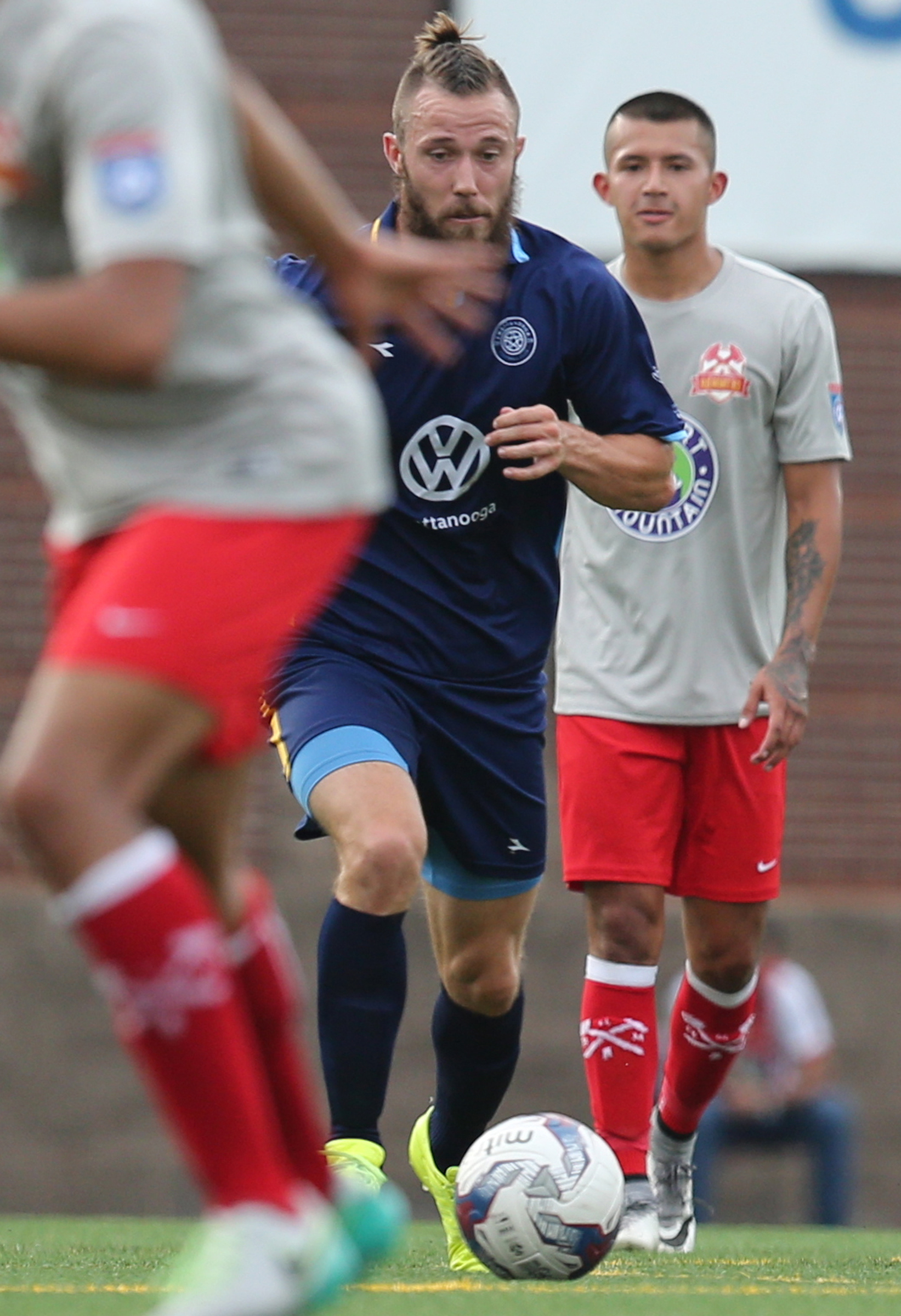 Chattanooga Football Club's Matthew Aldred (4) pushes the ball downfield Tuesday, June 20, 2017, during the CFC boys game against the Birmingham Hammers at Finley Stadium in Chattanooga, Tenn. CFC won 5-0.