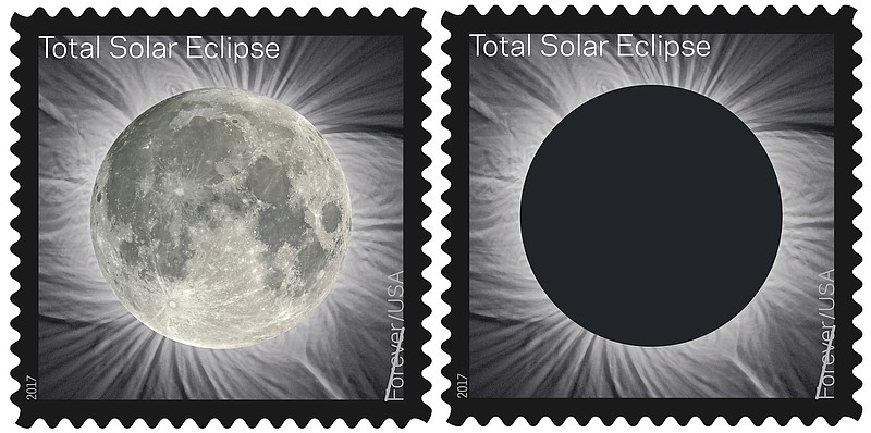 
              FILE - These undated file images provided by the U.S. Postal Service shows the Total Solar Eclipse Forever stamp. The U.S. Postal Service unveiled Tuesday, June 20, 2017, in Laramie, Wyo., the first-of-its-kind stamp, which commemorates the Aug. 21 eclipse, that changes when you touch it by transforming into an image of the Moon from the heat of a finger. (U.S. Postal Service via AP, File)
            