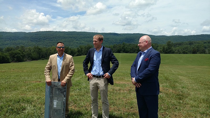 Staff photo by Mike Pare / Nokian Tyres and Rhea County officials checked out the planned site of the company's new tire manufacturing plant. From left are Dennis Tumlin, Rhea's executive director of economic and community development; Hans Dyhrman, Nokian's marketing director; and Tommi Heinonen, Nokian's North American head.