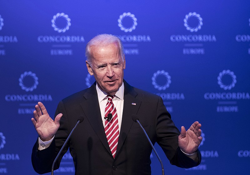 
              FILE- In this June 7, 2017, file photo, former U.S. Vice President Joe Biden speaks during a conference in Athens. Biden, who addressed gay rights Wednesday, June 21, at a private LGBT gala hosted by the Democratic National Committee in New York, said, “Hold President Trump accountable for his pledge to be your friend." (AP Photo/Petros Giannakouris, File)
            