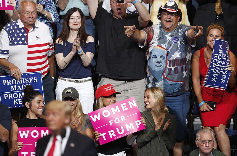 
              Audience members react as President Donald Trump speaks during a rally, Wednesday, June 21, 2017, in Cedar Rapids, Iowa. (AP Photo/Charlie Neibergall)
            