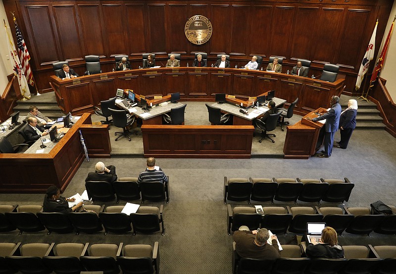 Staff file photo by Dan Henry / The Chattanooga Times Free Press. Kirk Kelly, interim superintendent and Christy Jordan, assistant superintendent of finance present the school budget during the Hamilton County Commission meeting last year.