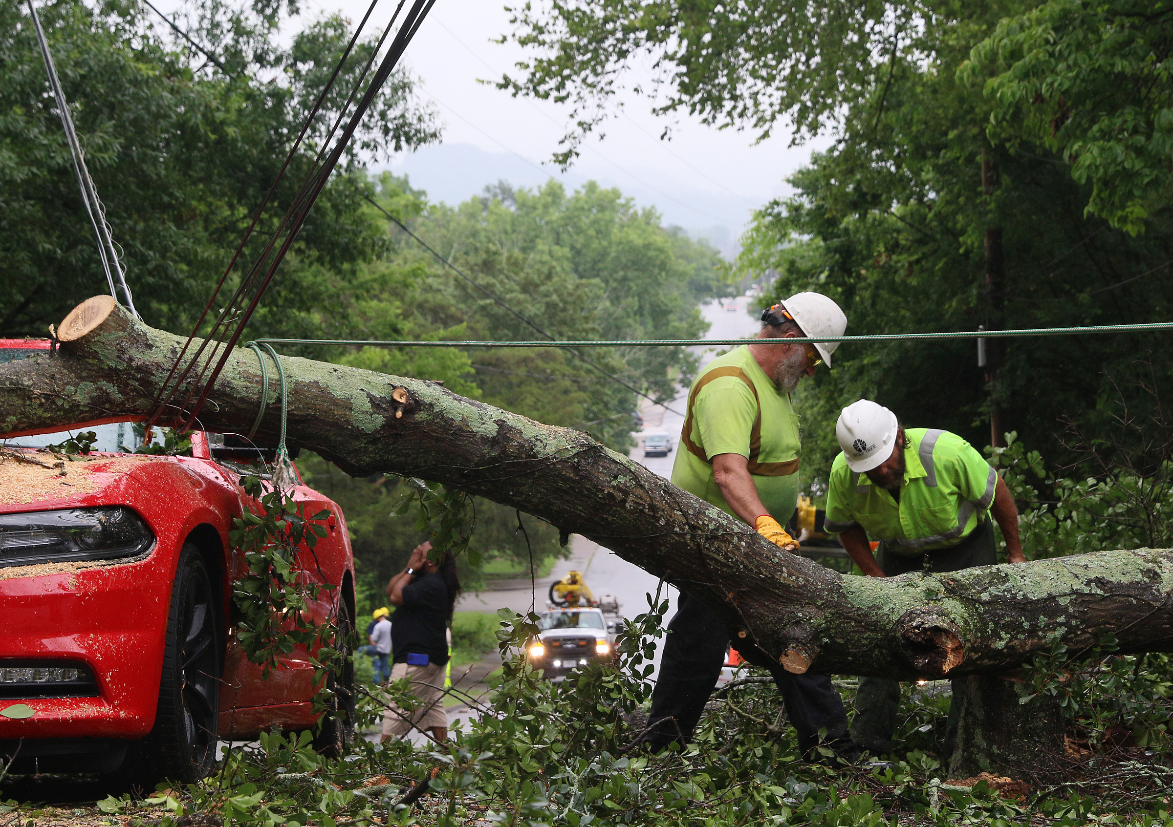 Billy Holcomb and Craig Leonard, foremen with Wolf Tree contracting for EPB, work on removing a tree that fell on Jacques Mack's car, who is walking behind the car, at the corner of Stuart Street and Campbell Street on Thursday, June 22, 2017, in Chattanooga, Tenn. Mack's wife was sitting at a stop sign when the tree fell on the car as she was taking her kids across town.