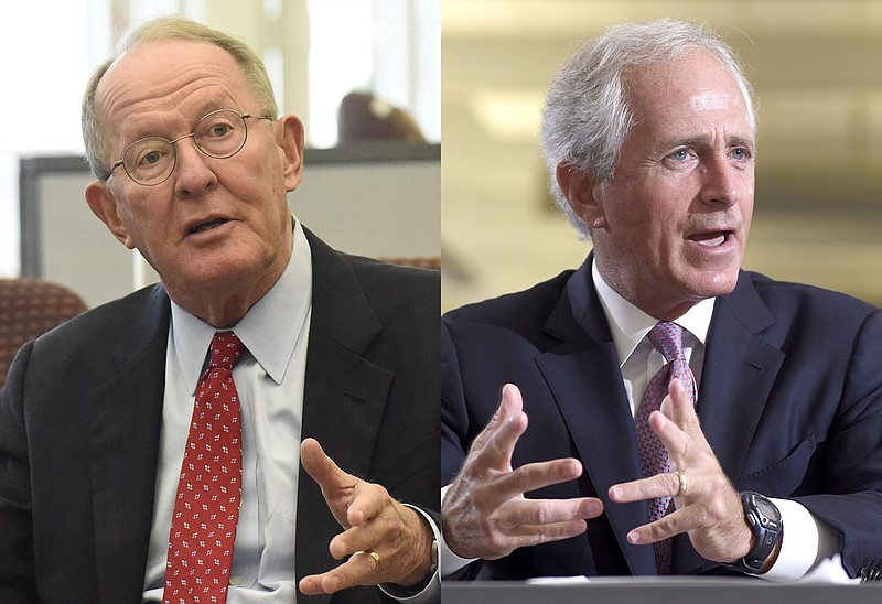 Staff file photos / U.S. Senator Lamar Alexander, left, praised much of Senate Republican leaders' newly released health care bill, but joined with fellow Tennessee republican Sen. Bob Corker, right, in withholding full support for the time being.