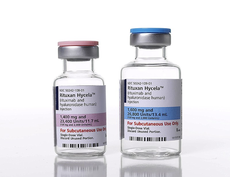 
              This photo provided by Genentech, the Roche Group's biologic drug unit, shows vials of Rituxan Hycela. On Thursday, June 22, 2017, the Food and Drug Administration approved Rituxan Hycela, a more convenient version of a blockbuster drug for treating three common blood cancers. (Genentech via AP)
            