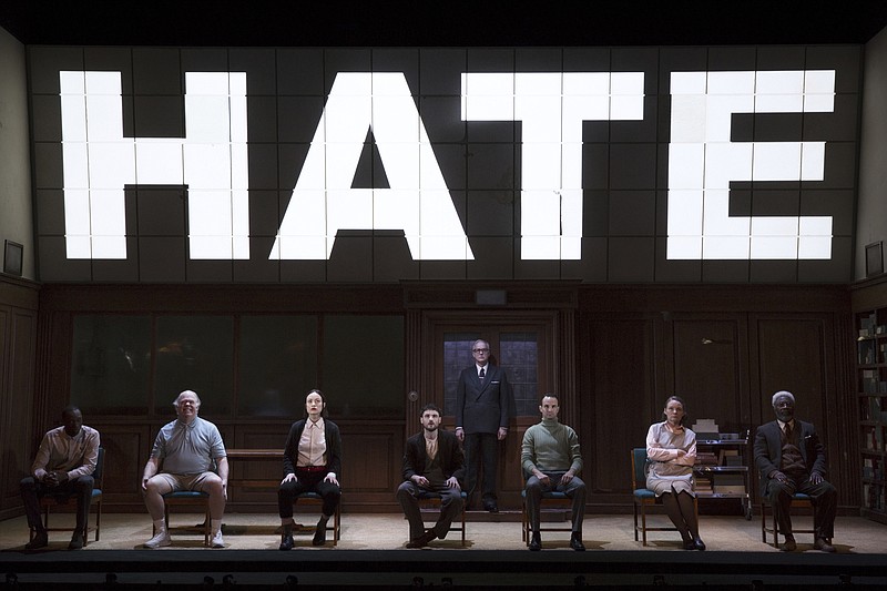 
              This image released by DKC/O&M shows the cast of Broadway's "1984," based on George Orwell's book, at the Hudson Theatre in New York. Richard Blair, whose father finished the book in 1949 when he was a young boy, was in New York on Thursday to cheer on the cast amid a huge jump in interest of his father’s nightmarish vision of the future. (Julieta Cervantes/DKC/O&M via AP)
            