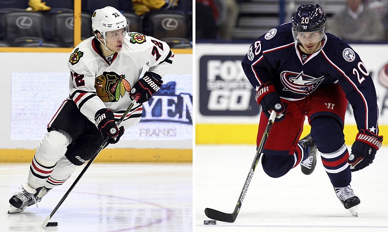
              FILE - At left, in an Oct. 14, 2016, file photo, Chicago Blackhawks left wing Artemi Panarin (72), of Russia, plays against the Nashville Predators during the second period of an NHL hockey game, in Nashville, Tenn. At right, in a Jan. 17, 2017, file photo, Columbus Blue Jackets forward Brandon Saad works against the Carolina Hurricanes during an NHL hockey game in Columbus, Ohio. The Blackhawks have re-acquired forward Brandon Saad in a trade with the Columbus Blue Jackets, parting with top young forward Artemi Panarin to complete the blockbuster deal.(AP Photo/File)
            