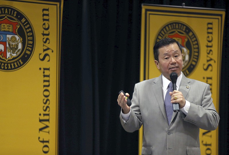 
              FILE - In this June 2, 2017 file photo, University of Missouri System president Mun Choi speaks at Memorial Union on the Columbia campus in Columbia, Mo. The University is considering whether to revoke an honorary degree it granted to Bill Cosby. The university's Board of Curators will vote Friday June 23, 2017 on a recommendation from system President Mun Choi. He is urging revocation, citing allegations from several women that Cosby sexually assaulted them. (Christian Gooden/St. Louis Post-Dispatch via AP File)
            