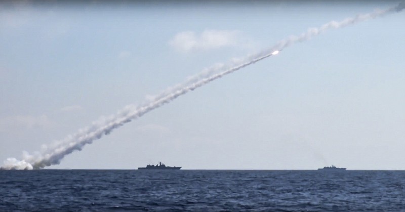 
              In this image provided by Russian Defense Ministry Press Service and released on Friday, June 23, 2017, long-range Kalibr cruise missiles are launched by a Russian Navy ship in the eastern Mediterranean. Russia's Defense Ministry said it fired cruise missiles from the Mediterranean Sea on positions of the Islamic State in Syria. (Russian Defense Ministry Press Service via AP)
            