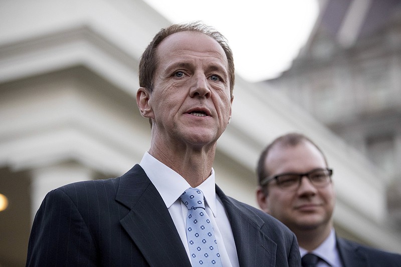 
              FILE- In this March 8, 2017, file photo, Americans for Prosperity President Tim Phillips, accompanied by FreedomWorks President Adam Brandon, speaks to members of the media outside the West Wing of the White House in Washington. Chief lieutenants in the Koch brothers’ political network lashed out at the Senate Republican health care bill on Saturday, June 24, becoming a powerful outside critic as GOP leaders try to rally support for their plan among rank-and-file Republicans. “This Senate bill needs to get better,” said Phillips. (AP Photo/Andrew Harnik, File)
            