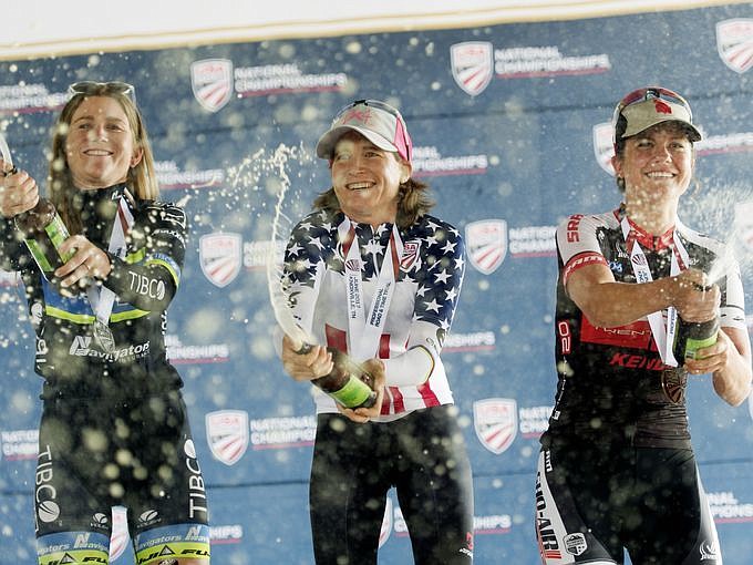 From left to right, silver medalist Lauren Stephens, gold medalist Amber Neben and bronze medalist Leah Thomas celebrate on the podium after the USA Cycling National Championships Pro time trials in Knoxville, Tennessee on Saturday, June 24, 2017. 