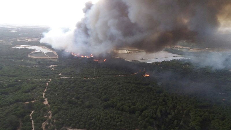 
              In this image supplied by INFOCA and taken Saturday June 24, 2017, a forest fire blazes in the Moguer area in southern Spain. A forest fire in southern Spain has forced the evacuation of 1,000 people and is threatening Donana National Park, one of Spain's most important nature reserves and a UNESCO World Heritage site since 1994, and famous for its biodiversity, authorities said Sunday. (INFOCA via AP)
            