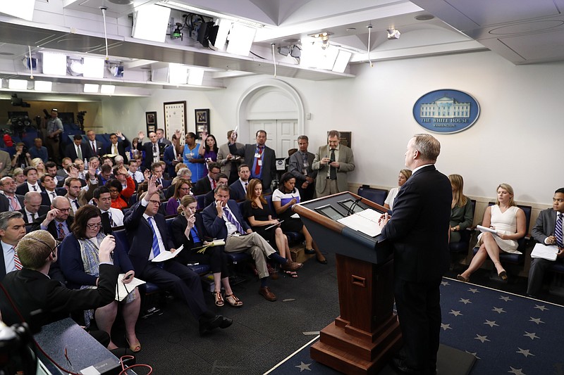 
              White House press secretary Sean Spicer speaks during a the daily briefing at the White House in Washington, Monday, June 26, 2017. (AP Photo/Alex Brandon)
            