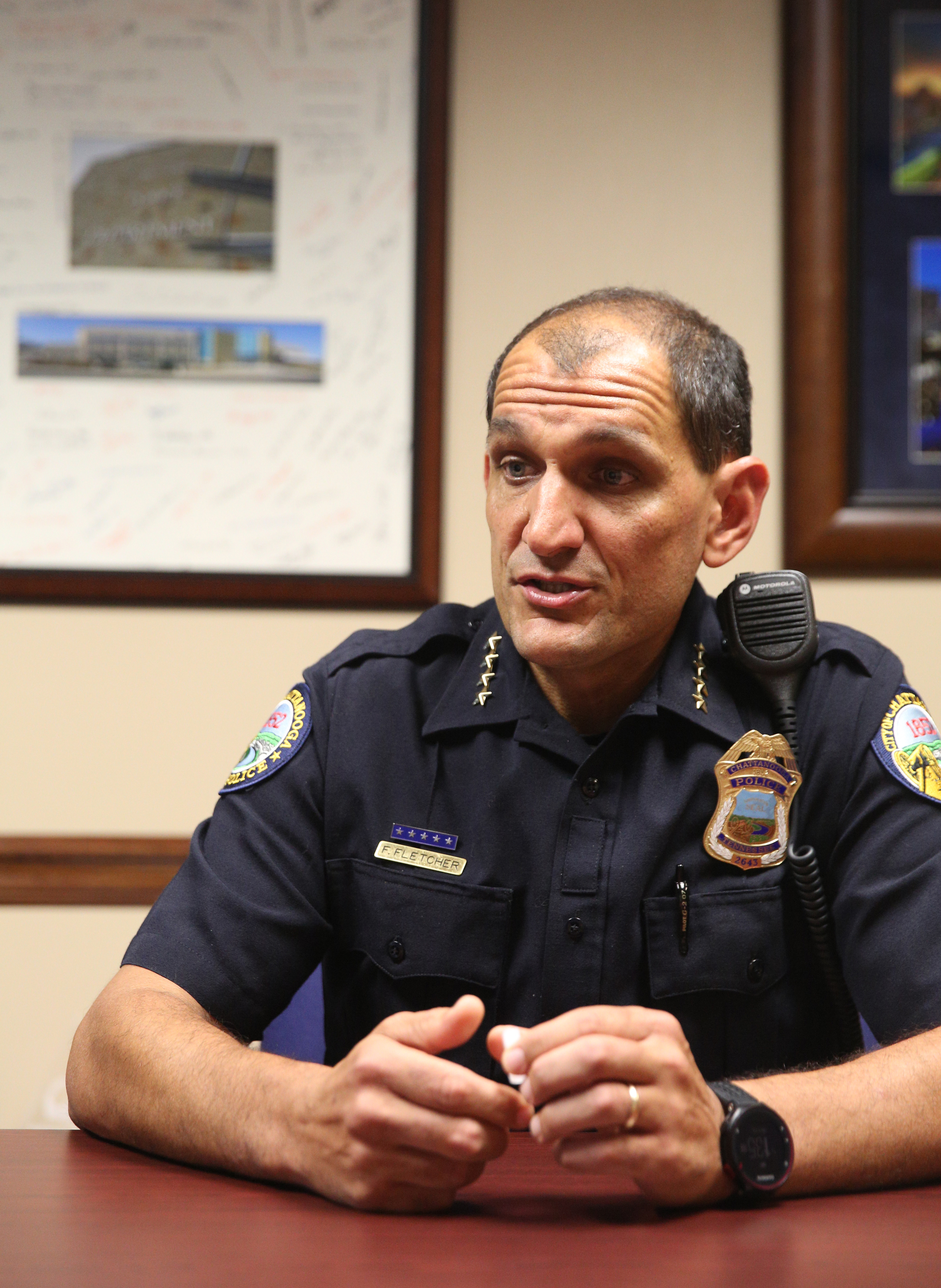 Chattanooga Police Chief Fred Fletcher talks about the Chattanooga Police Department's partnerships that have helped him with his accomplishments over the past three years Monday, June 26, 2017, at the Chattanooga Police Service Center in Chattanooga, Tenn. Fletcher will be retiring in early July.