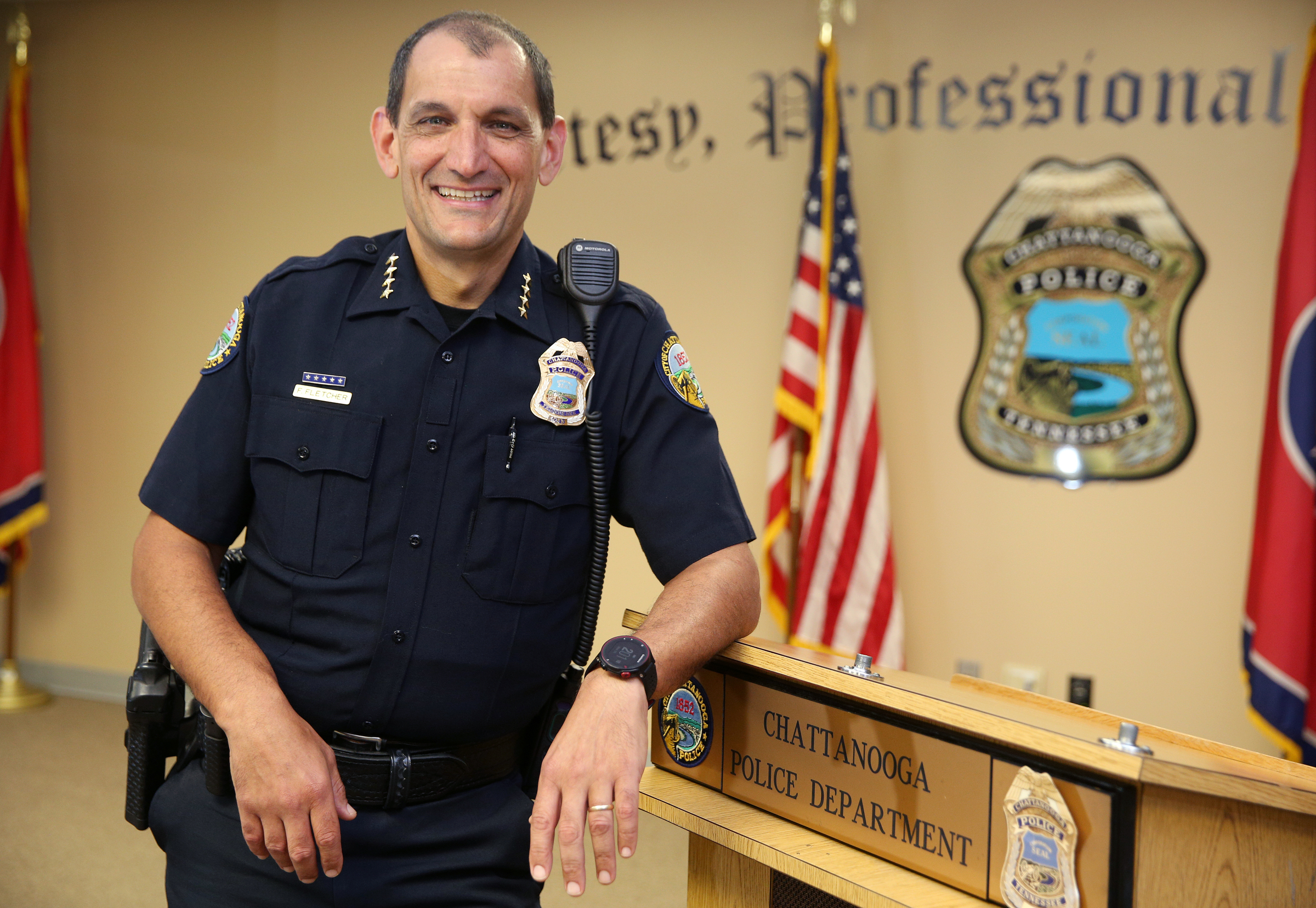 Chattanooga Police Chief Fred Fletcher poses for a photo Monday, June 26, 2017, at the Chattanooga Police Service Center in Chattanooga, Tenn. Fletcher will be retiring in early July.