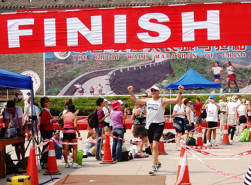 Truman Smith crosses the finish line at the Great Wall Marathon in Beijing, China, 2010.