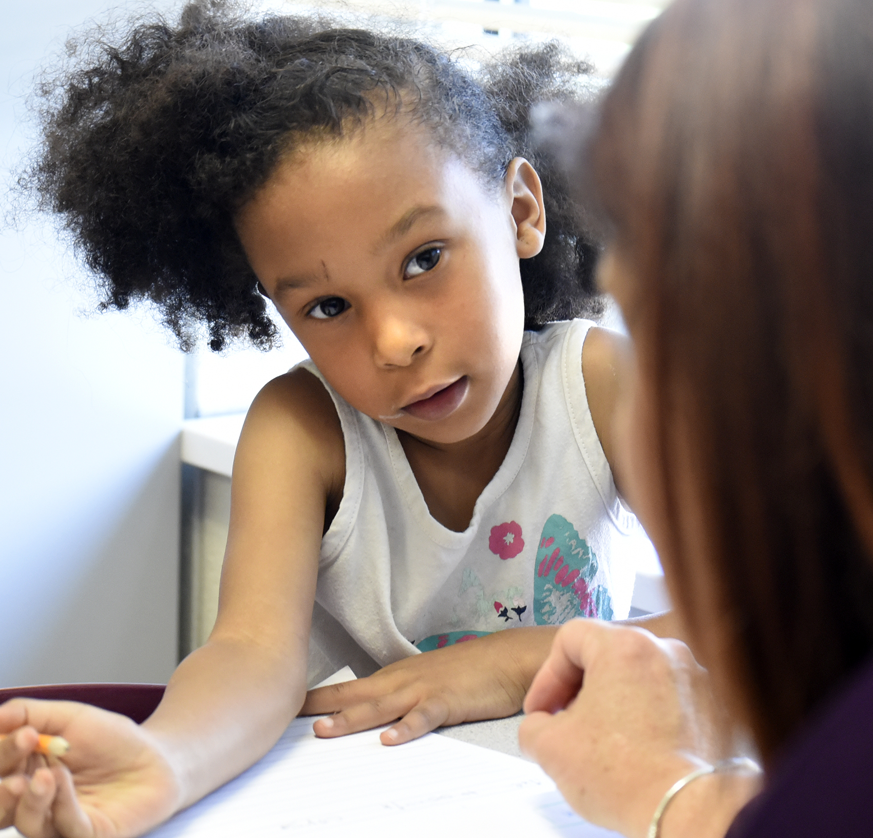 Hardy Hope participant Saniyah Wyatt works with Leigh Ann Potter, District Literacy Coach, while Hamilton County elementary principals observe. Hamilton County's elementary principals gathered at Hardy Elementary to learn new tips for boosting literacy throughout their schools on June 27, 2017.