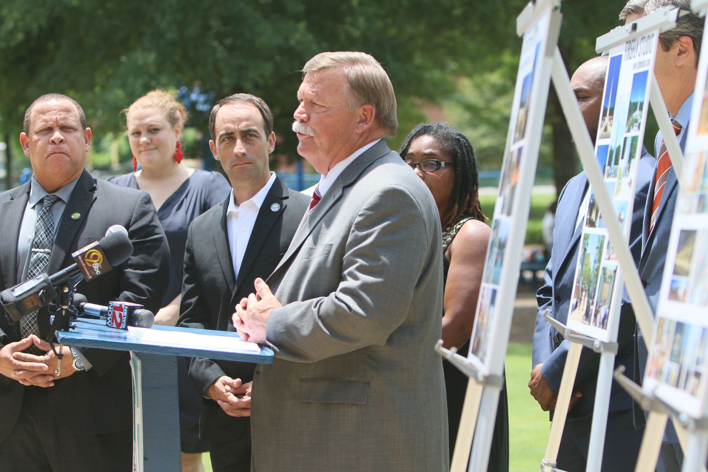 Hamilton County Mayor Jim Coppinger speaks during a press conference Tuesday, June 27, 2017, at the Hubert Fry Center Pavilion in Chattanooga, Tenn. During the event, the Public Art Chattanooga Committee revealed the three semifinalist artists, one of which will be selected a permanent memorial to honor the five servicemen killed during the July 16, 2015 domestic terror attack in Chattanooga.