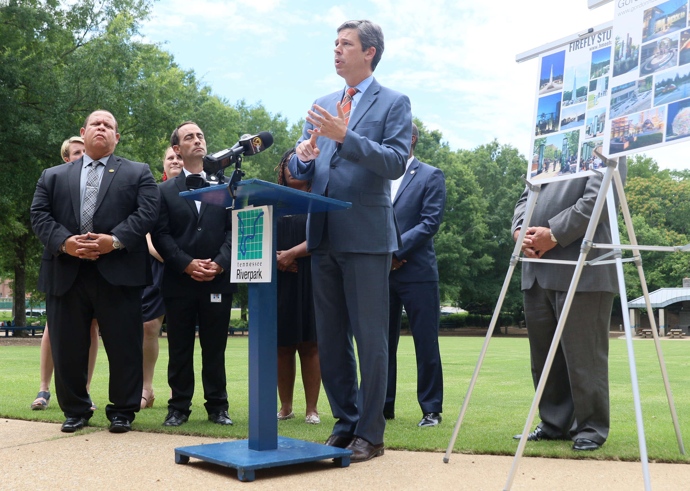 During a press conference at the at the Hubert Fry Center Pavilion in Chattanooga, Tenn., Chattanooga Mayor Andy Berke talks about the importance of having a permanent memorial honoring the five servicemen who were killed in a domestic terror attack on July 16, 2015. The Public Art Chattanooga Committee revealed the three semifinalist artists during the press conference Tuesday, June 27, 2017.