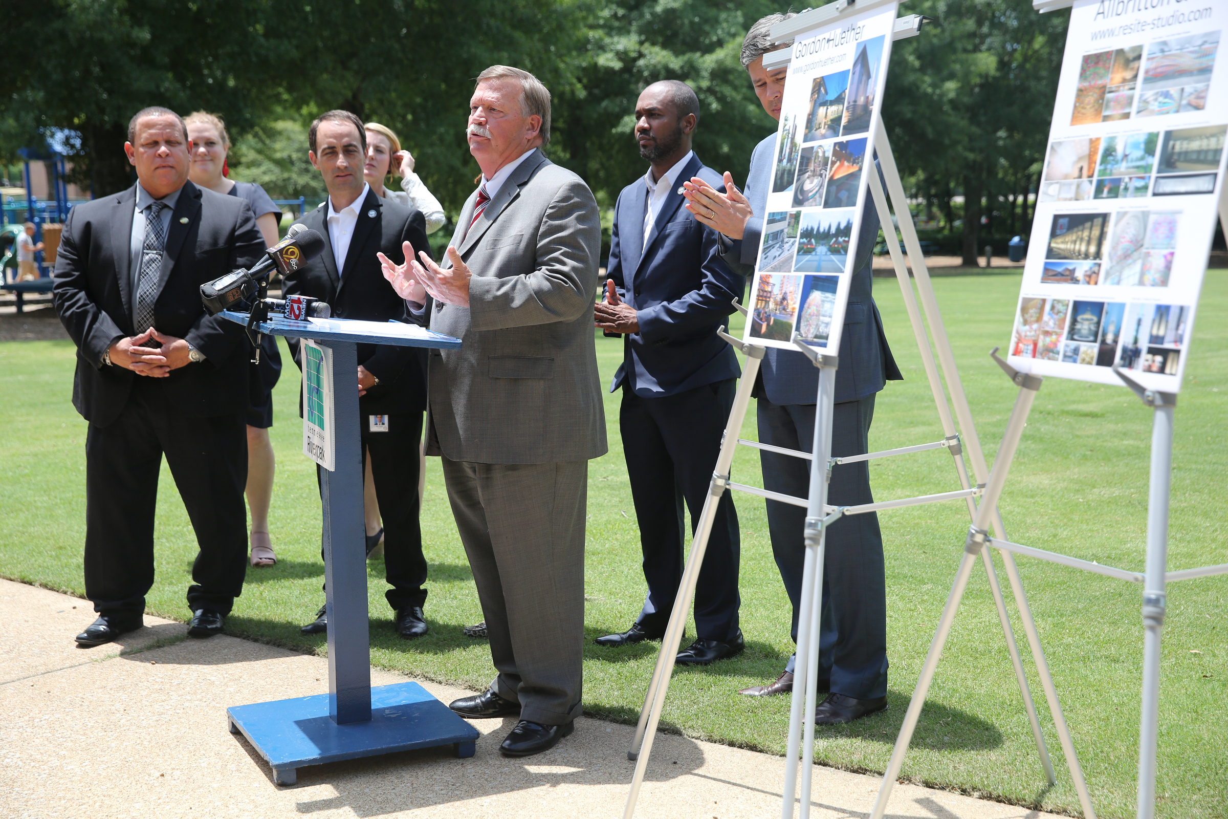Hamilton County Mayor Jim Coppinger speaks during a press conference Tuesday, June 27, 2017, at the Hubert Fry Center Pavilion in Chattanooga, Tenn. During the event, the Public Art Chattanooga Committee revealed the three semifinalist artists, one of which will be selected a permanent memorial to honor the five servicemen killed during the July 16, 2015 domestic terror attack in Chattanooga.