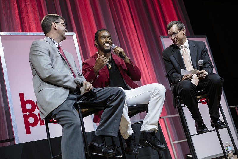 Sports editor Stephen Hargis, left, and sports writer David Paschall, right, interview Atlanta Falcons linebacker Vic Beasley on stage at the Times Free Press's Best of Preps banquet at the Chattanooga Convention Center on Tuesday, June 27, 2017, in Chattanooga, Tenn. Beasley was the guest speaker at the banquet which honors the area's best prep athletes.