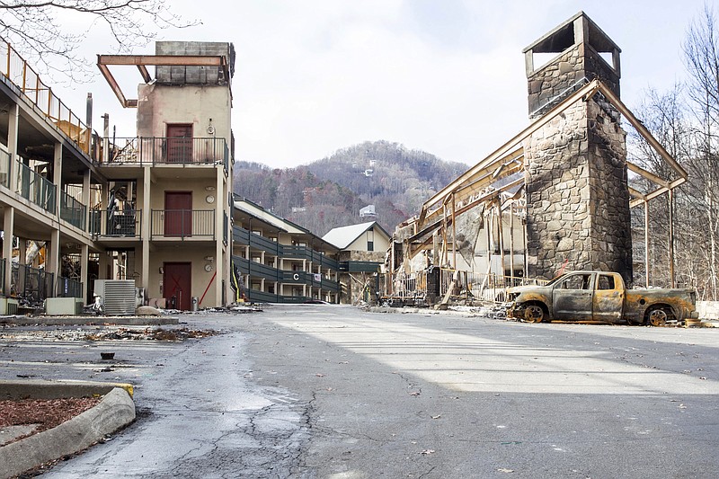 Fire damage to the Laurel Point Resort in Gatlinburg, Tenn., is seen on Friday, Dec. 9, 2016. Gatlinburg reopened to the public for the first time since fatal wildfires spread to the city on Nov. 28. (AP Photo/Erik Schelzig)