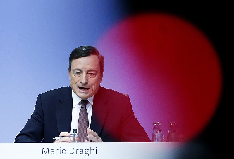 
              FILE- In this Thursday, April 21, 2016 file photo president of European Central Bank, ECB, Mario Draghi speaks during a news conference after a meeting of the governing council in Frankfurt, Germany.  Draghi said Tuesday, June 27, 2017 the bank's stimulus efforts need to be "persistent" even as the economy recovers and that any scaling back of support will come gradually.. (AP Photo/Michael Probst, file)
            