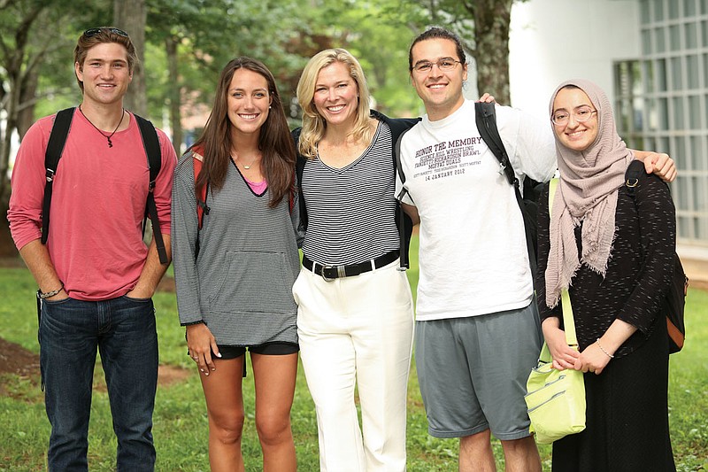 Rebecca Ashford visits with students at Pellissippi State Community College.